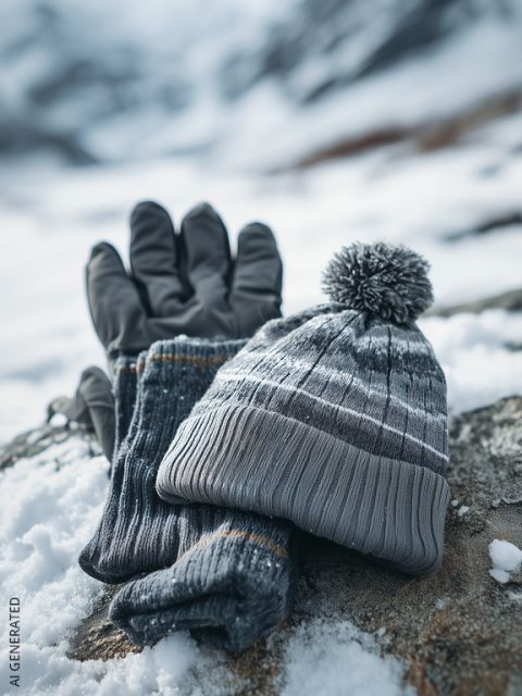 Un gorro de invierno gris y unos guantes a juego descansan sobre una roca nevada, mientras que las montañas nevadas se difuminan al fondo.