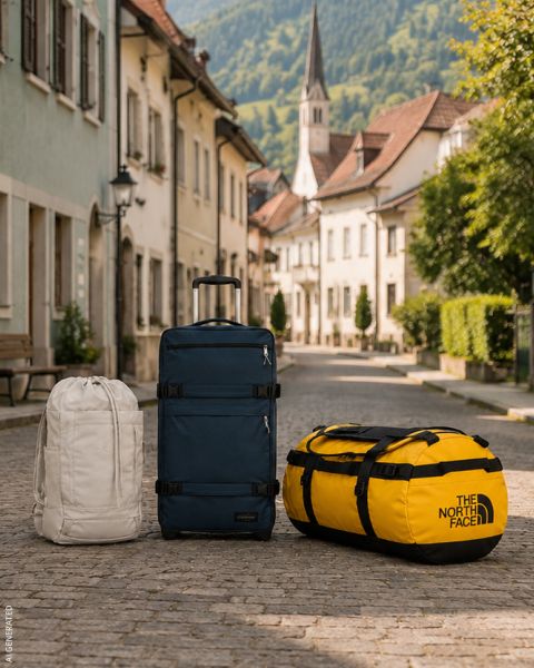 Una mochila de senderismo de color naranja brillante y una bolsa de lona verde azulado están en el suelo junto a una furgoneta aparcada, con montañas boscosas al fondo.
