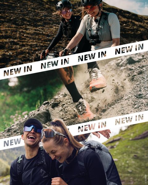 Tres fotos: ciclistas sonrientes, un primer plano de zapatillas de trail running y dos excursionistas riendo al aire libre, cada una con la inscripción «NEW IN» sobre la imagen.