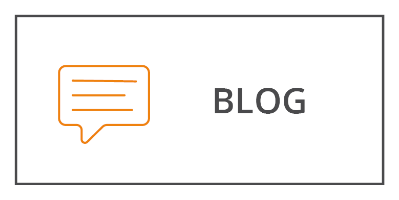 Un gráfico sencillo muestra un icono de burbuja de chat naranja con tres líneas horizontales junto a la palabra "BLOG" en letras grises y negritas. El diseño es minimalista con un fondo blanco y un fino borde gris.