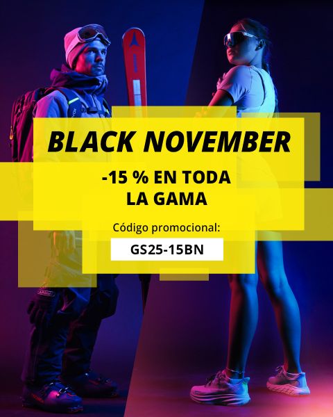 Dos deportistas, uno con ropa de invierno con esquíes y el otro con ropa deportiva de verano, están de pie frente a un fondo oscuro. El texto superpuesto dice: "BLACK NOVEMBER -15% en todos los productos, código de promoción: GS25-15BN.