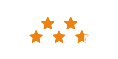 Cinco estrellas naranjas están dispuestas en una fila, con la última estrella parcialmente vacía, lo que indica una calificación de 4.5 de 5 puntos.