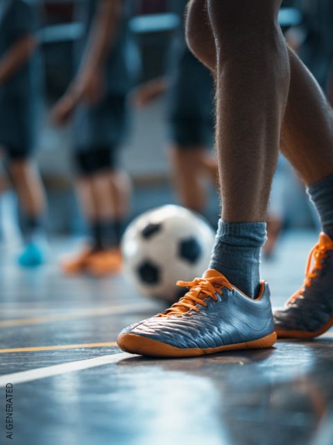 Primer plano de una persona con botas de fútbol grises y naranjas de pie cerca de un balón de fútbol en una cancha cubierta, con jugadores borrosos al fondo.