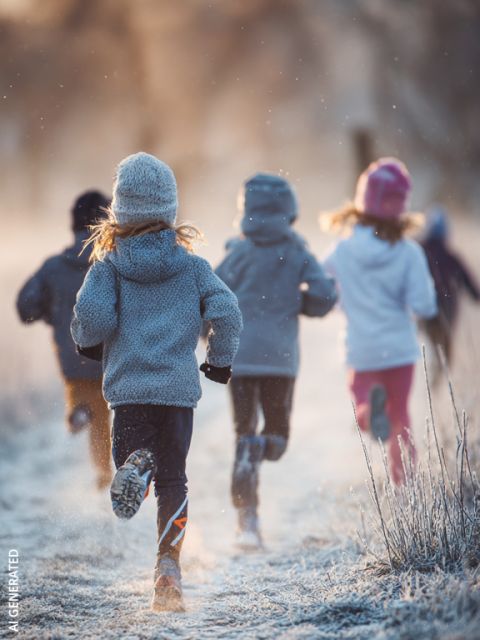Cinco niños con ropa de invierno caminan por un camino helado al aire libre, donde brilla el sol y la escarcha cubre el suelo y las plantas.